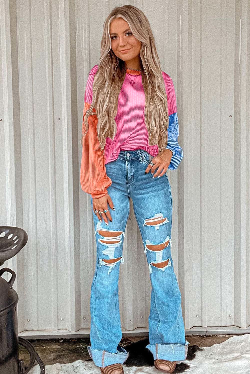 Rose Red Corded Colorblock Patchwork Drop Shoulder Long Sleeve Top - Love Salve